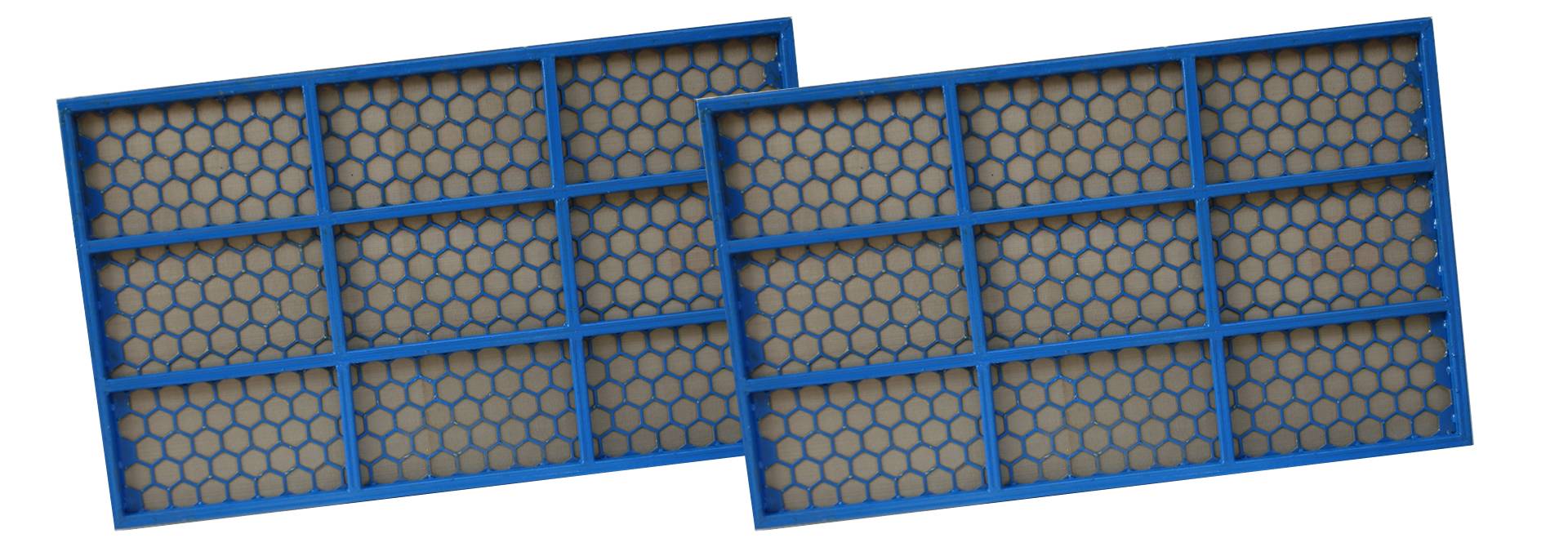 Two pieces of flat shale shaker screen with blue frame.