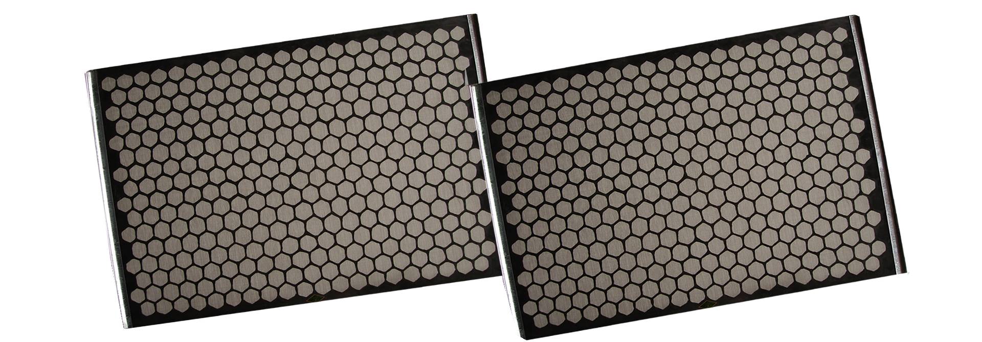 Two black flat shale shaker screens with hook strips.